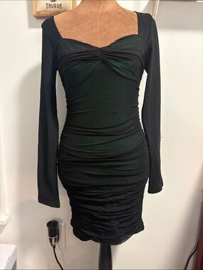 Long Sleeve Black & Dark Green Ruched Bodycon Dress